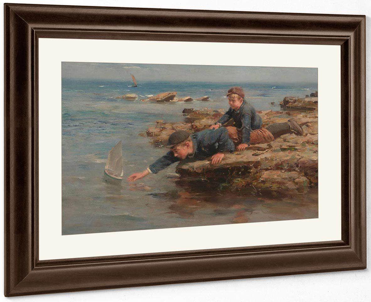 Boys Playing With Their Boat On A Rocky Shore By William Marshall Brown Fine Art Print