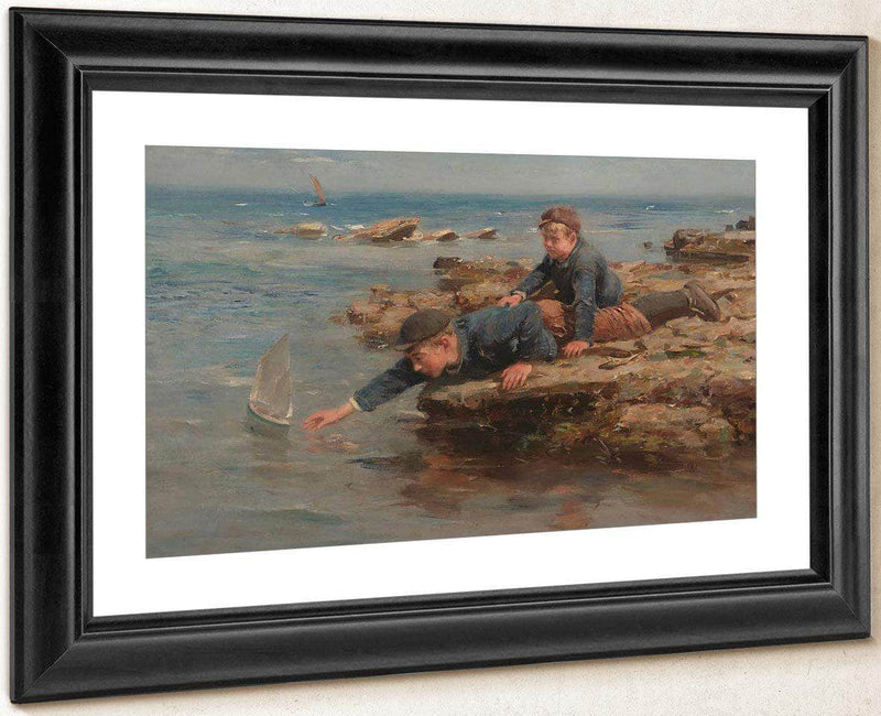 Boys Playing With Their Boat On A Rocky Shore By William Marshall Brown Fine Art Print