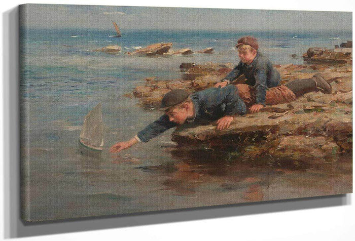 Boys Playing With Their Boat On A Rocky Shore By William Marshall Brown Fine Art Print