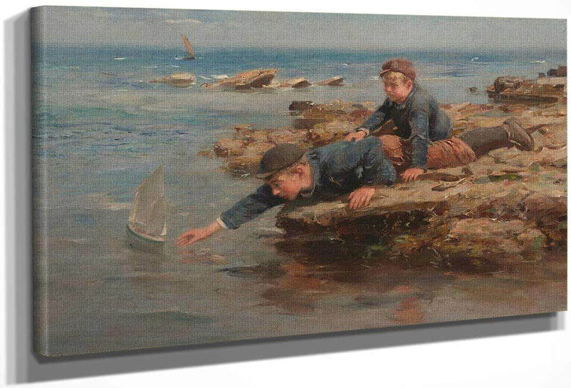 Boys Playing With Their Boat On A Rocky Shore By William Marshall Brown Fine Art Print