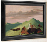 Buffalo Chase, Bull Protecting A Cow And Calf By George Catlin Fine Art Print