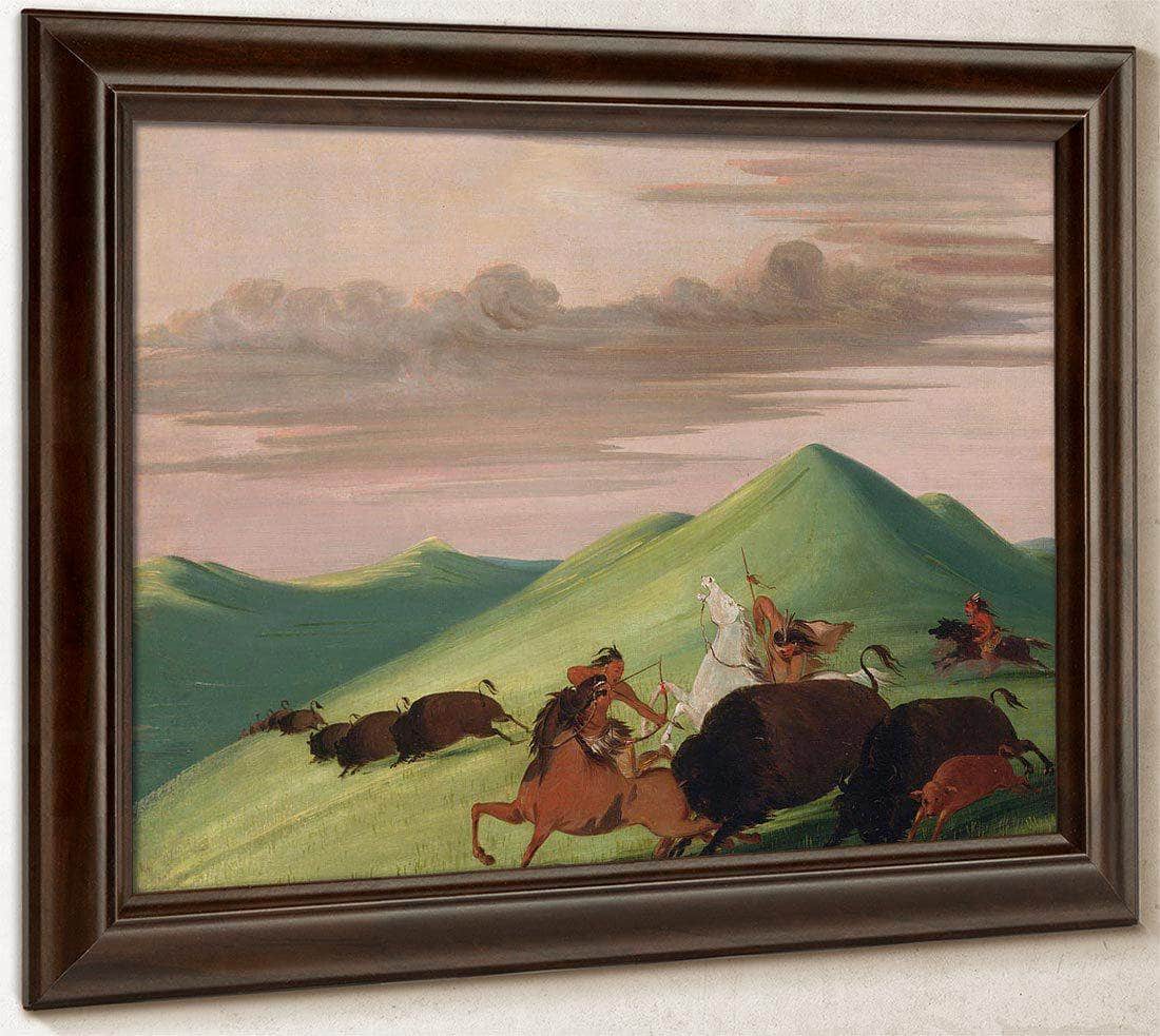 Buffalo Chase, Bull Protecting A Cow And Calf By George Catlin Fine Art Print