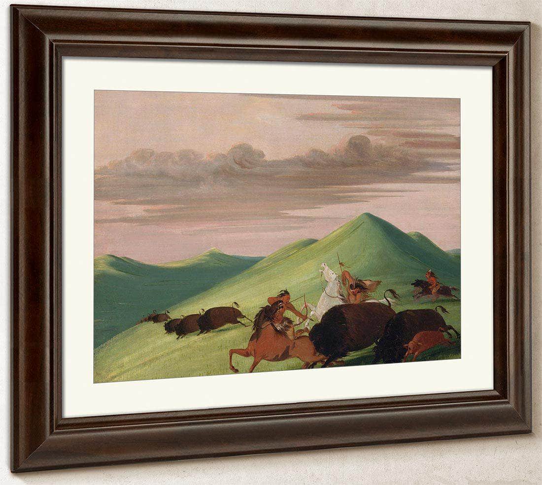 Buffalo Chase, Bull Protecting A Cow And Calf By George Catlin Fine Art Print