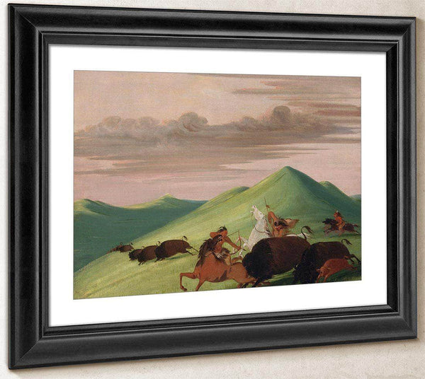 Buffalo Chase, Bull Protecting A Cow And Calf By George Catlin Fine Art Print