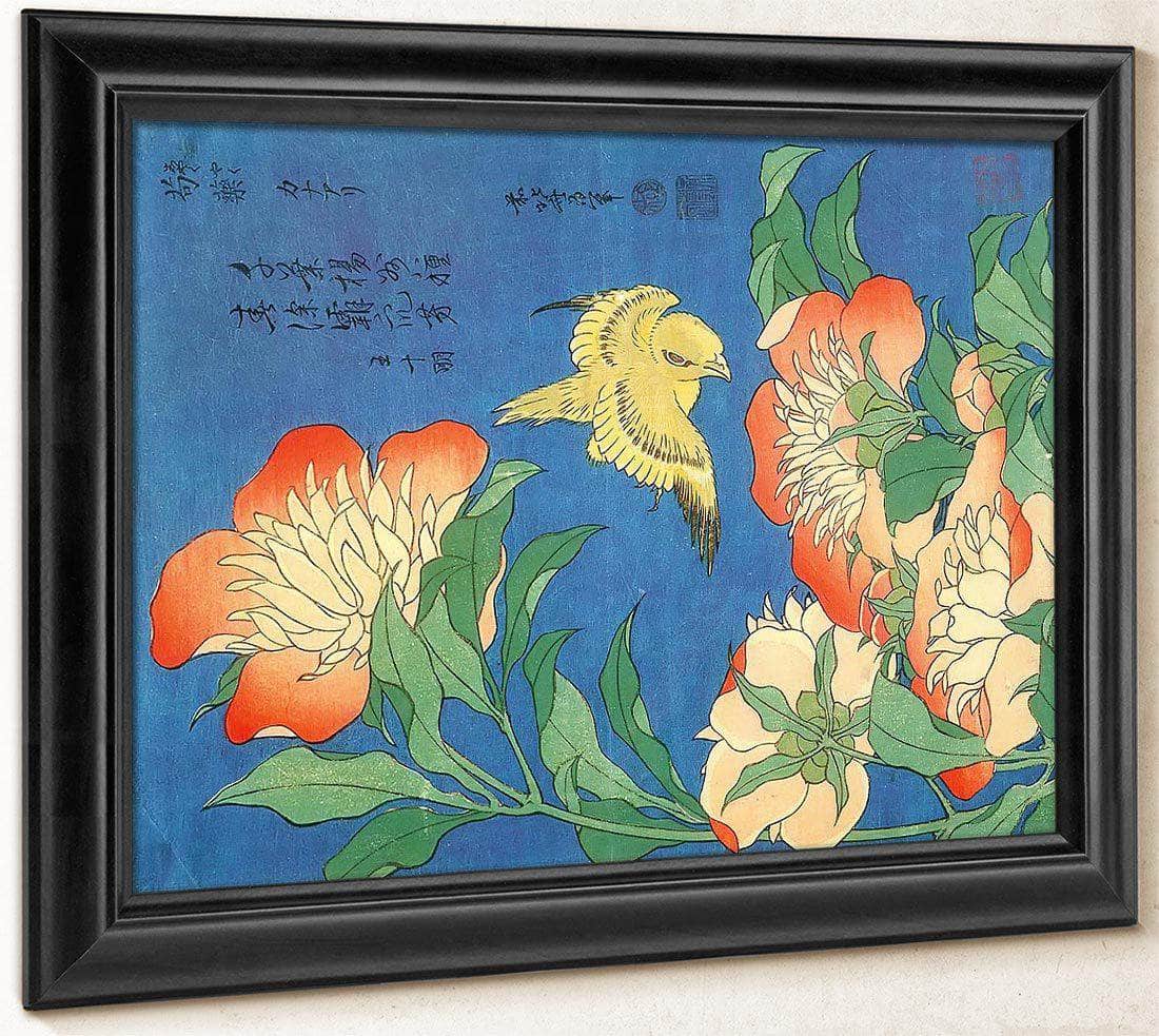 Canary And Small Peonies By Hokusai Fine Art Print