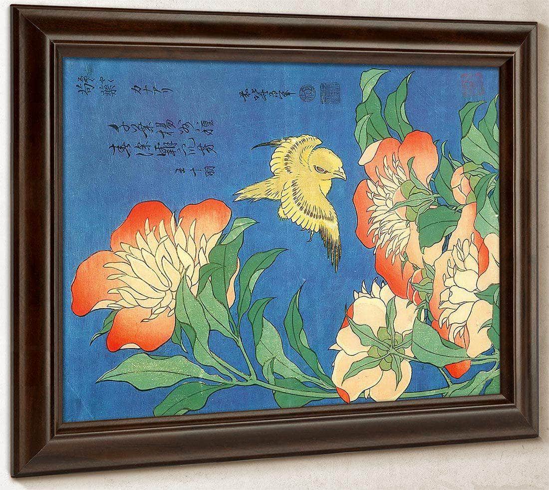 Canary And Small Peonies By Hokusai Fine Art Print