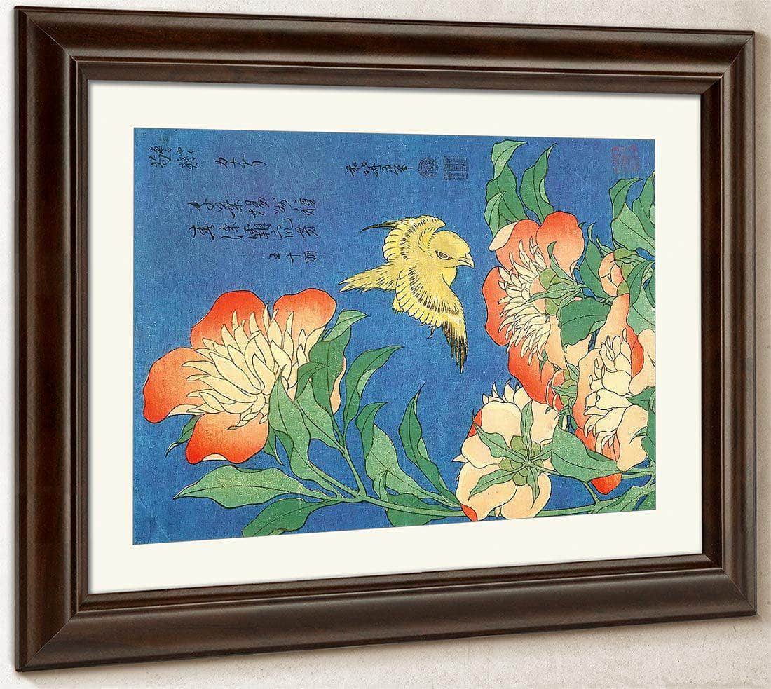 Canary And Small Peonies By Hokusai Fine Art Print