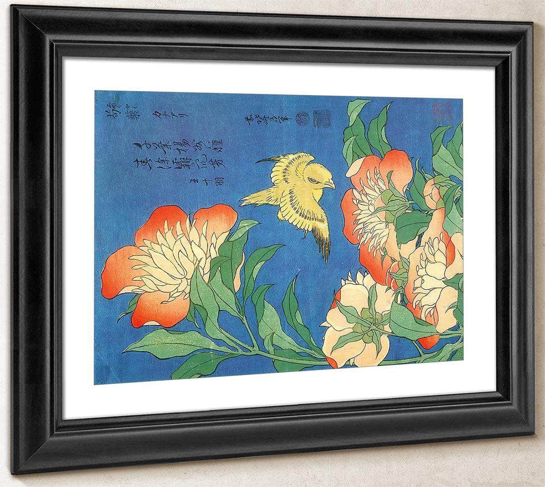 Canary And Small Peonies By Hokusai Fine Art Print
