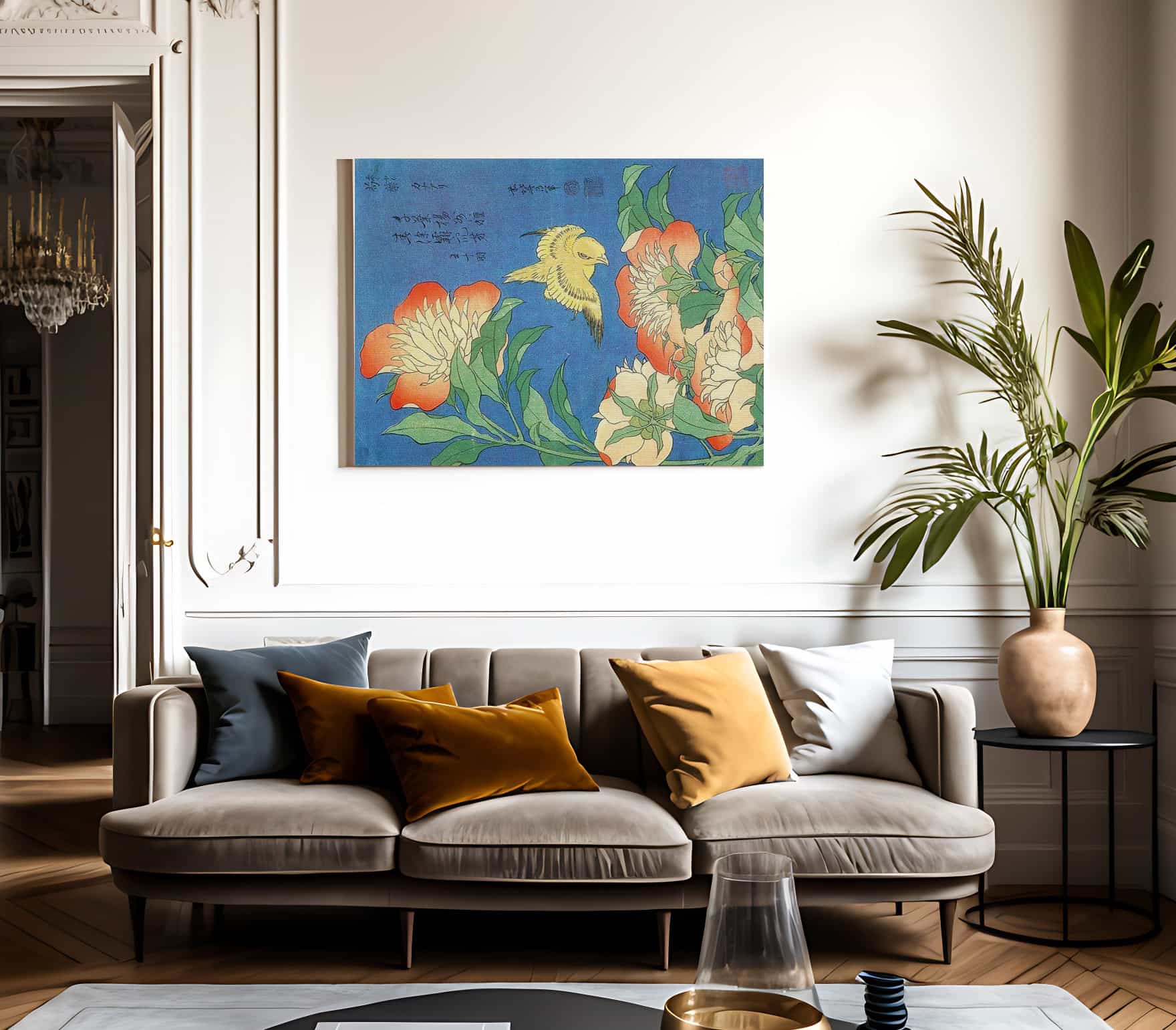 Canary And Small Peonies By Hokusai Fine Art Print