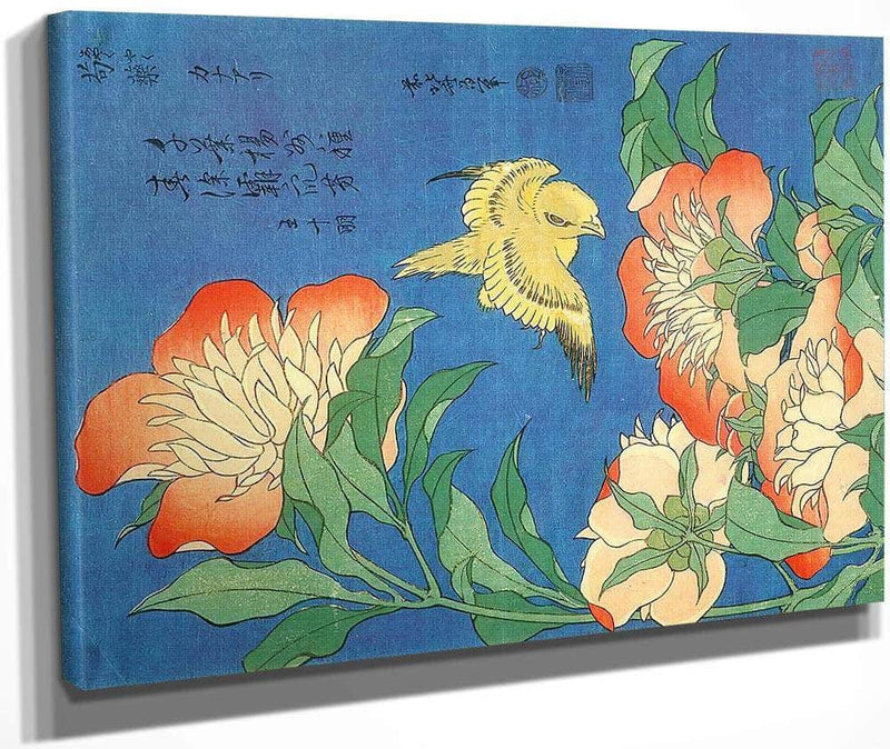 Canary And Small Peonies By Hokusai Fine Art Print