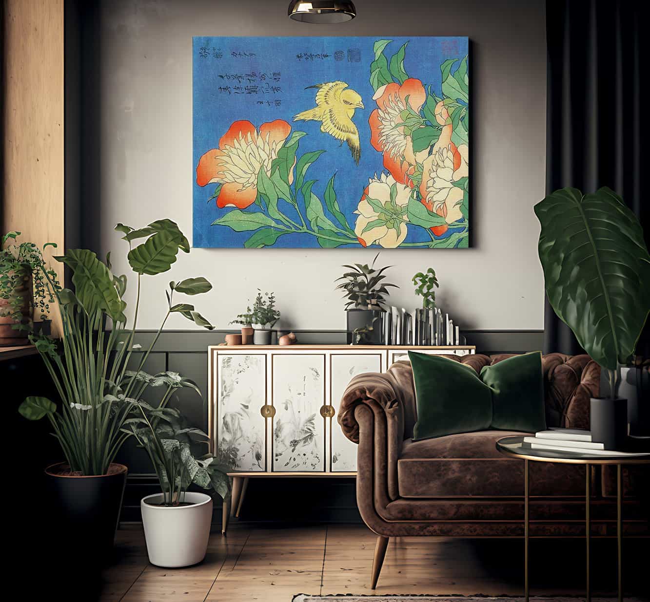 Canary And Small Peonies By Hokusai Fine Art Print