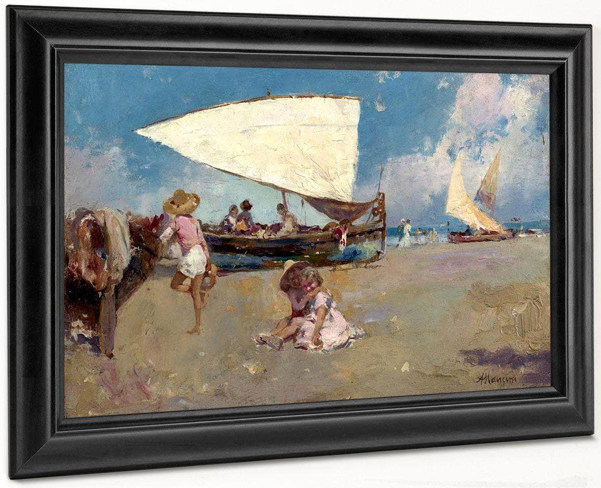 Children On A Sunny Beach By Antonio Mancini Fine Art Print