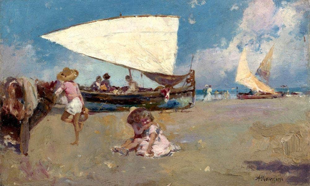 Children On A Sunny Beach By Antonio Mancini Fine Art Print