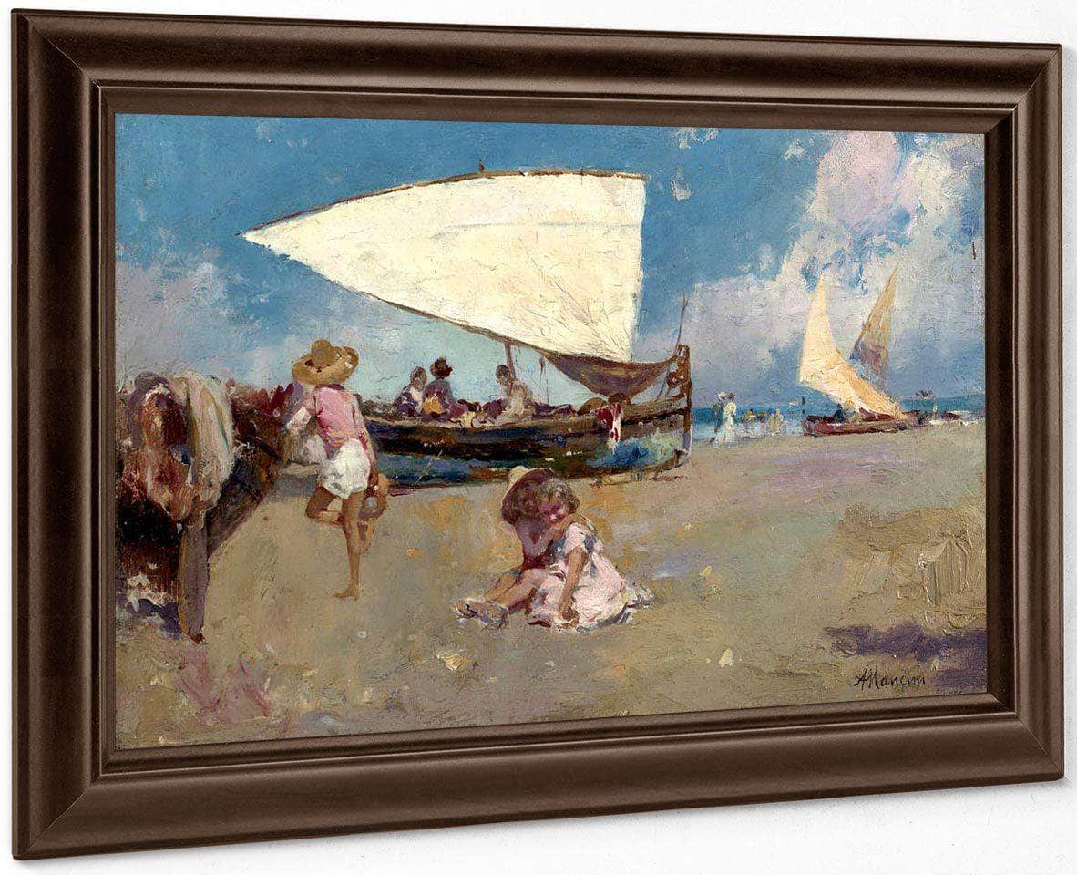 Children On A Sunny Beach By Antonio Mancini Fine Art Print