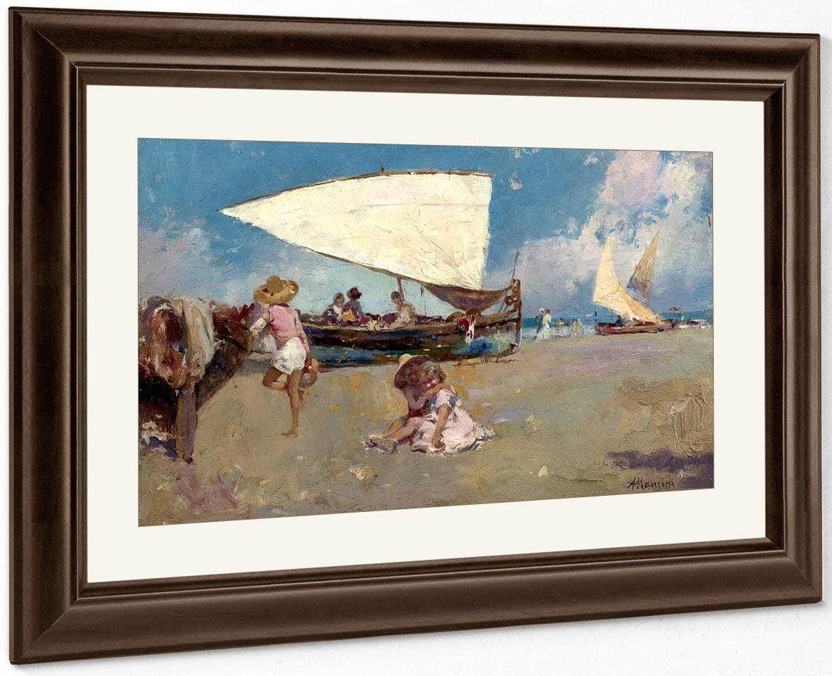 Children On A Sunny Beach By Antonio Mancini Fine Art Print