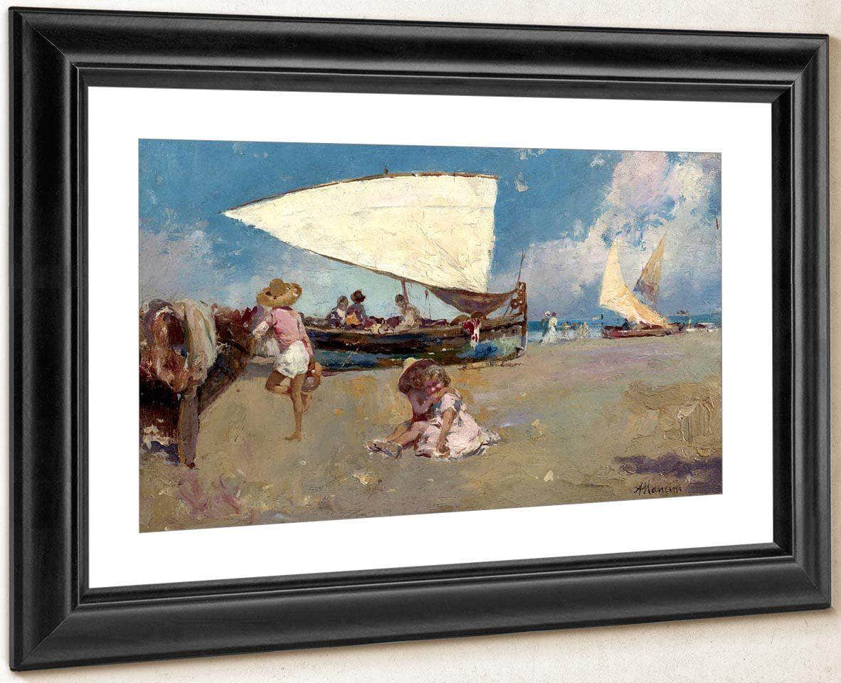 Children On A Sunny Beach By Antonio Mancini Fine Art Print