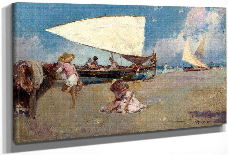 Children On A Sunny Beach By Antonio Mancini Fine Art Print