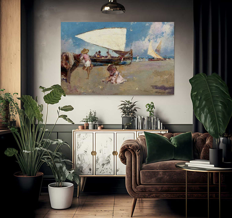 Children On A Sunny Beach By Antonio Mancini Fine Art Print