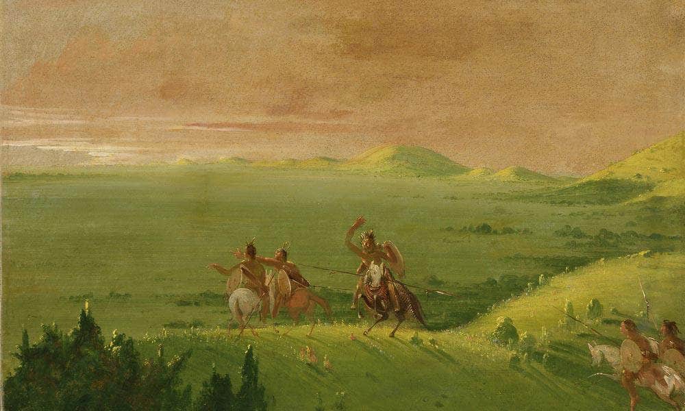 Comanche War Party, Chief Discovering The Enemy And Urging His Men At Sunrise By George Catlin Fine Art Print