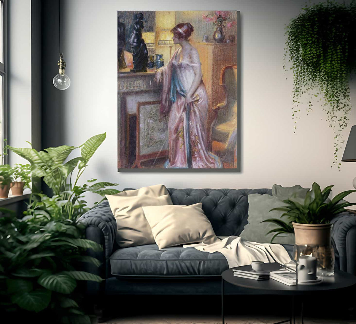 Dame Regardant Une Statue By Enjolras Delphin Fine Art Print