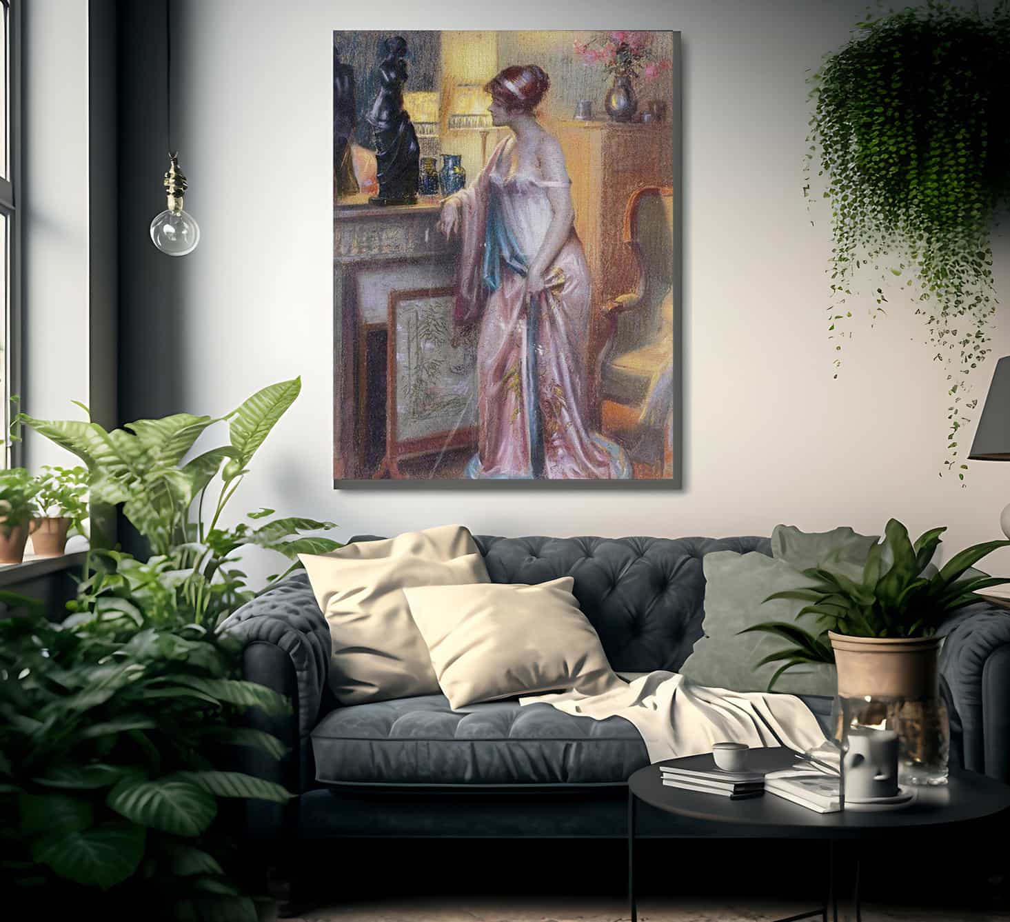 Dame Regardant Une Statue By Enjolras Delphin Fine Art Print