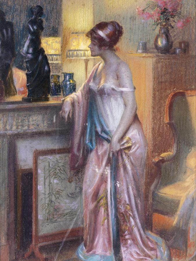 Dame Regardant Une Statue By Enjolras Delphin Fine Art Print