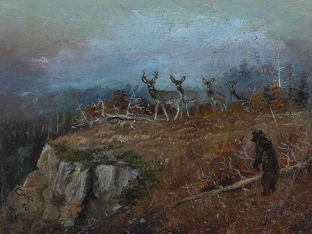 Deer And Bear In A Landscape, 1890 By Charles Marion Russell Fine Art Print