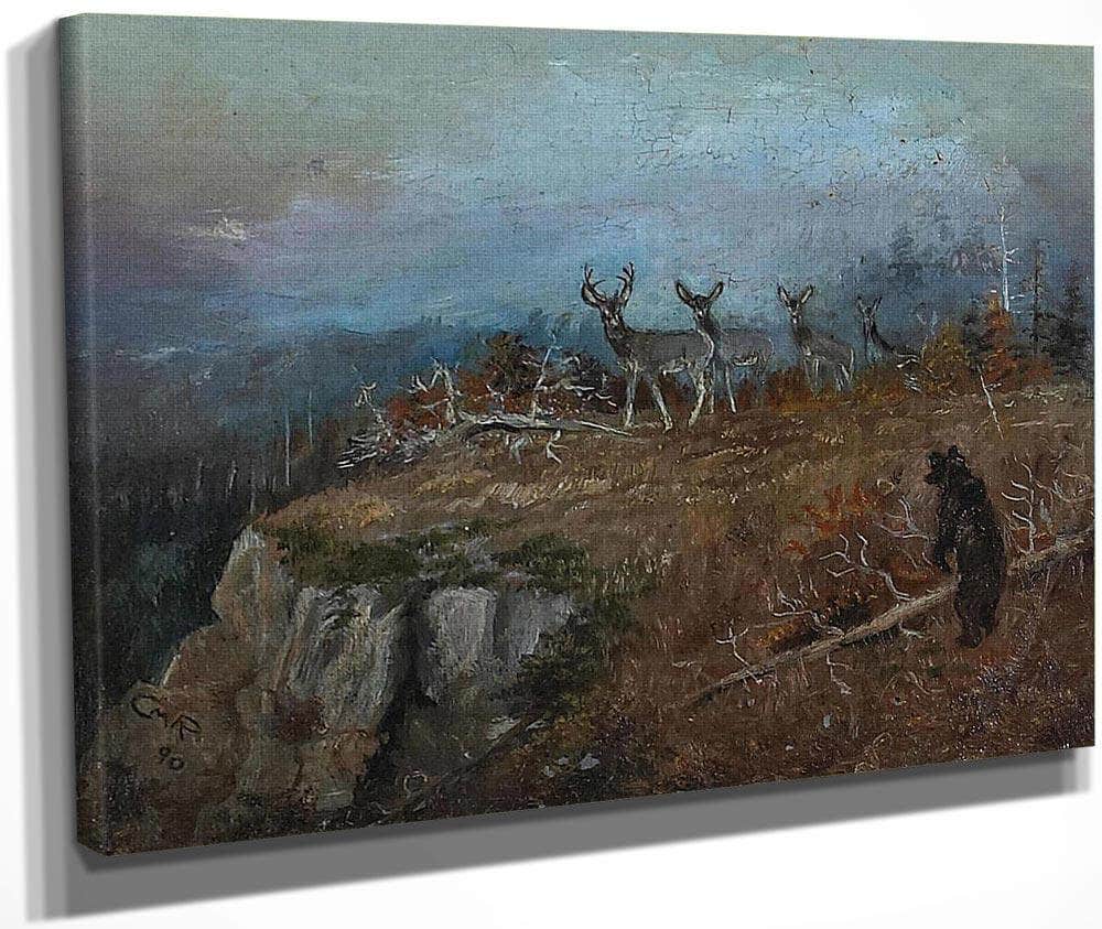 Deer And Bear In A Landscape, 1890 By Charles Marion Russell Fine Art Print