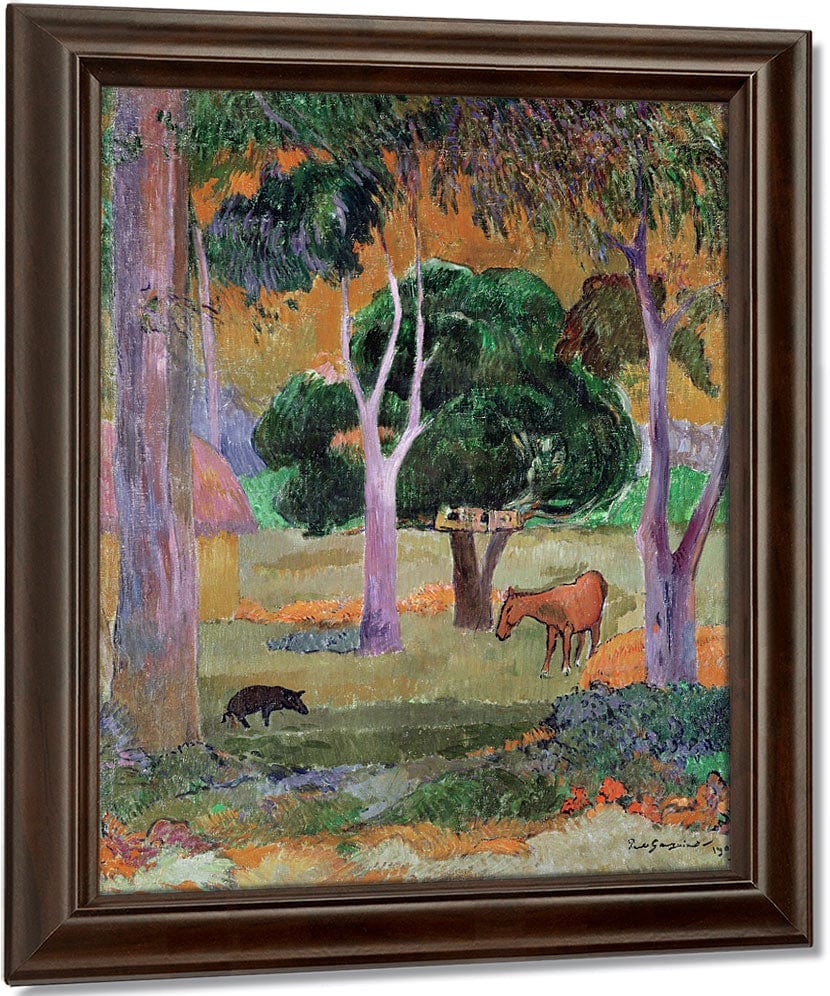 Dominican Landscape Or, Landscape With A Pig And Horse By Eugene Henri Paul Gauguin Fine Art Print