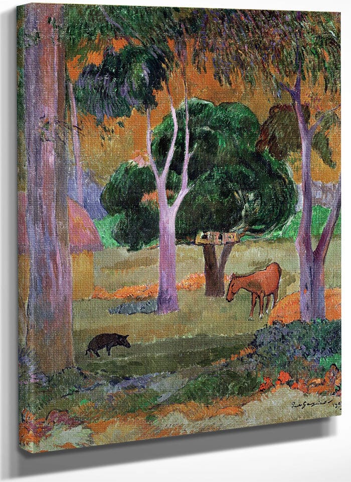 Dominican Landscape Or, Landscape With A Pig And Horse By Eugene Henri Paul Gauguin Fine Art Print