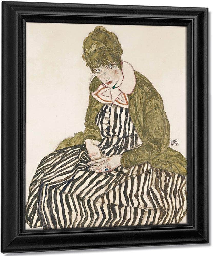 Edith With Striped Dress Sitting By Egon Schiele Fine Art Print