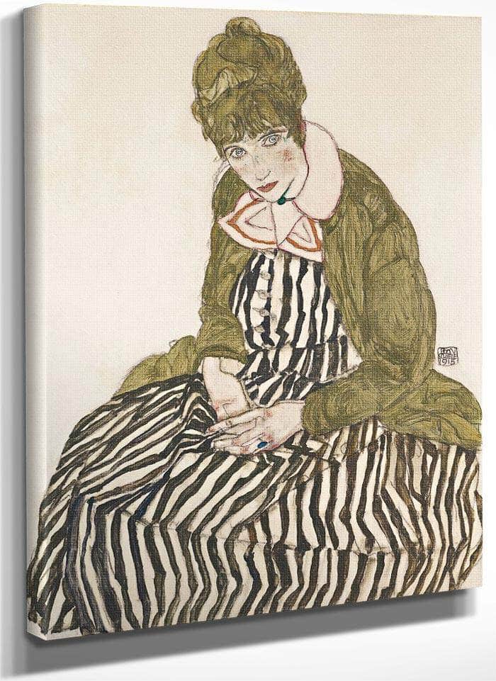 Edith With Striped Dress Sitting By Egon Schiele Fine Art Print