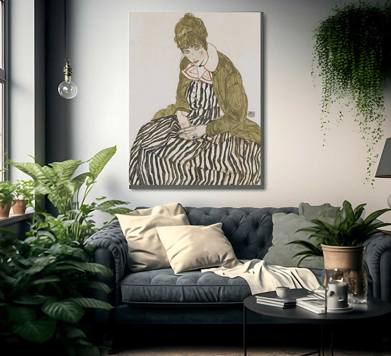 Edith With Striped Dress Sitting By Egon Schiele Fine Art Print