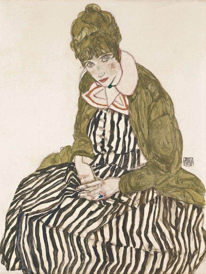 Edith With Striped Dress Sitting By Egon Schiele Fine Art Print