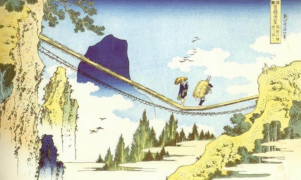 Farmers Crossing A Suspension Bridge On The Border By Hokusai Fine Art Print