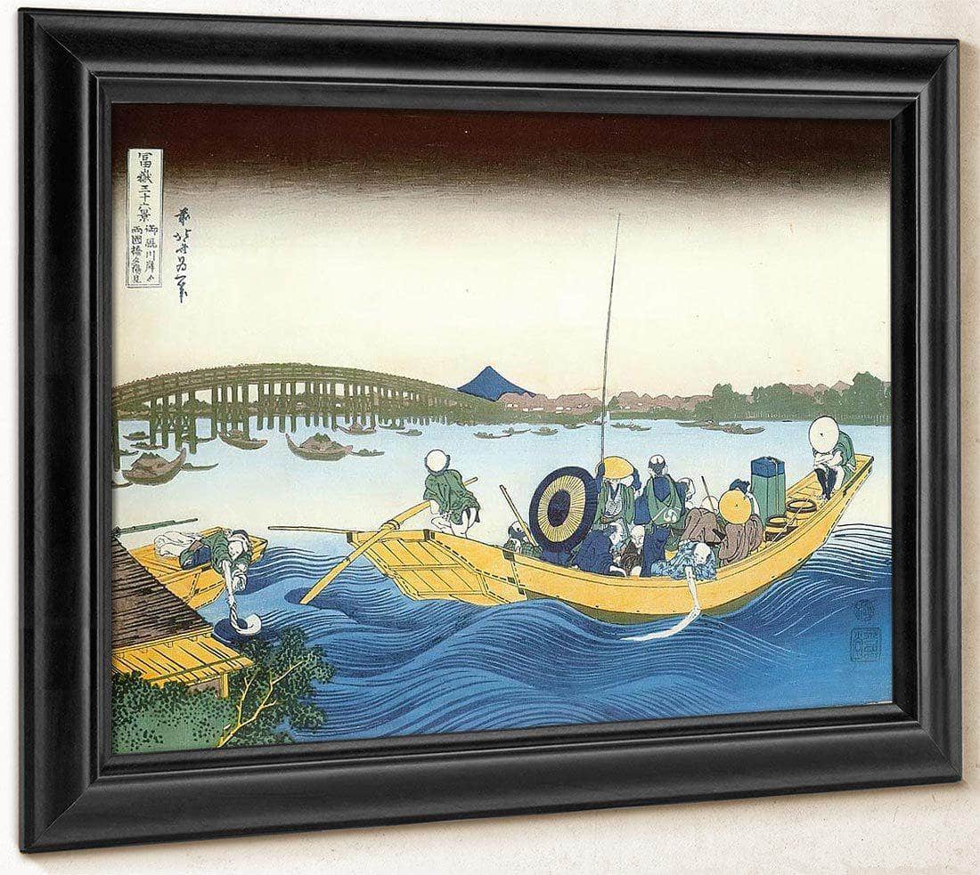 Ferry Boat At Onmayagashi With Ryogoku Bridge In The Distance By Hokusai Fine Art Print