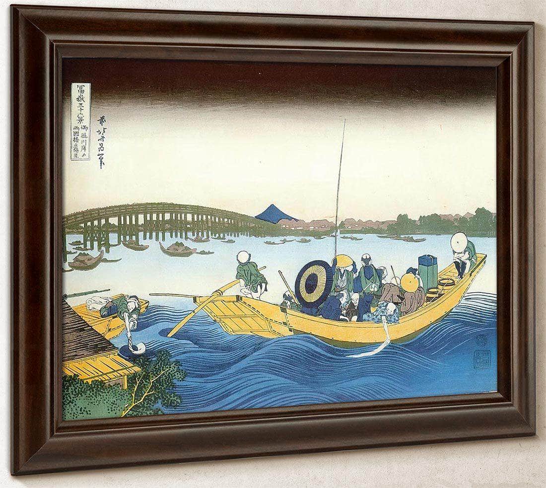 Ferry Boat At Onmayagashi With Ryogoku Bridge In The Distance By Hokusai Fine Art Print