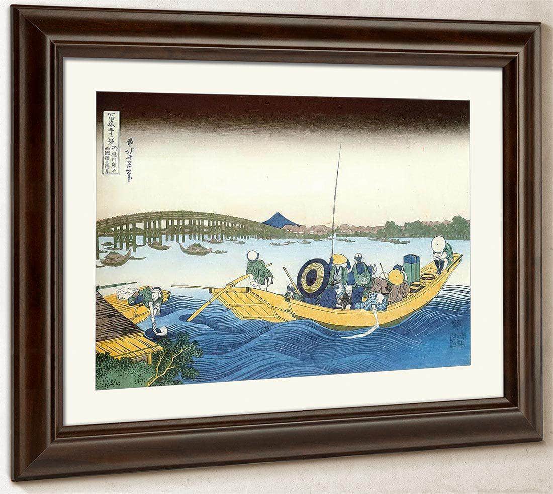 Ferry Boat At Onmayagashi With Ryogoku Bridge In The Distance By Hokusai Fine Art Print