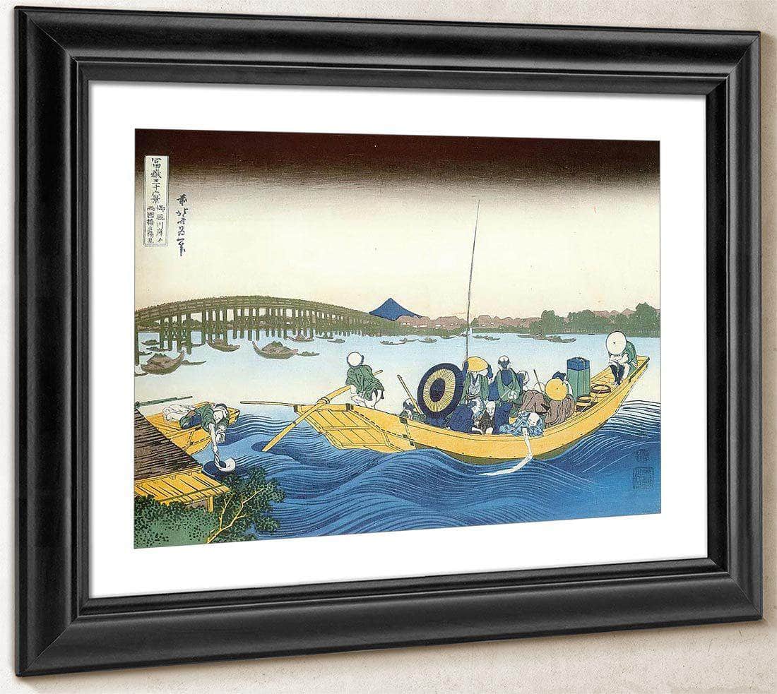 Ferry Boat At Onmayagashi With Ryogoku Bridge In The Distance By Hokusai Fine Art Print