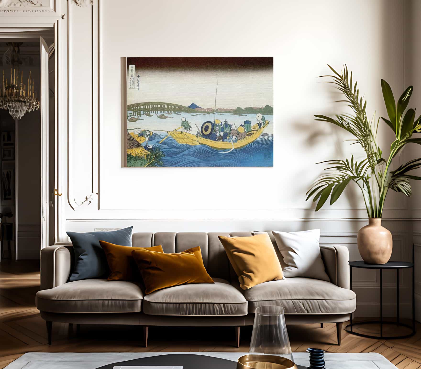 Ferry Boat At Onmayagashi With Ryogoku Bridge In The Distance By Hokusai Fine Art Print