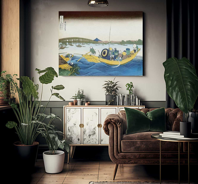 Ferry Boat At Onmayagashi With Ryogoku Bridge In The Distance By Hokusai Fine Art Print