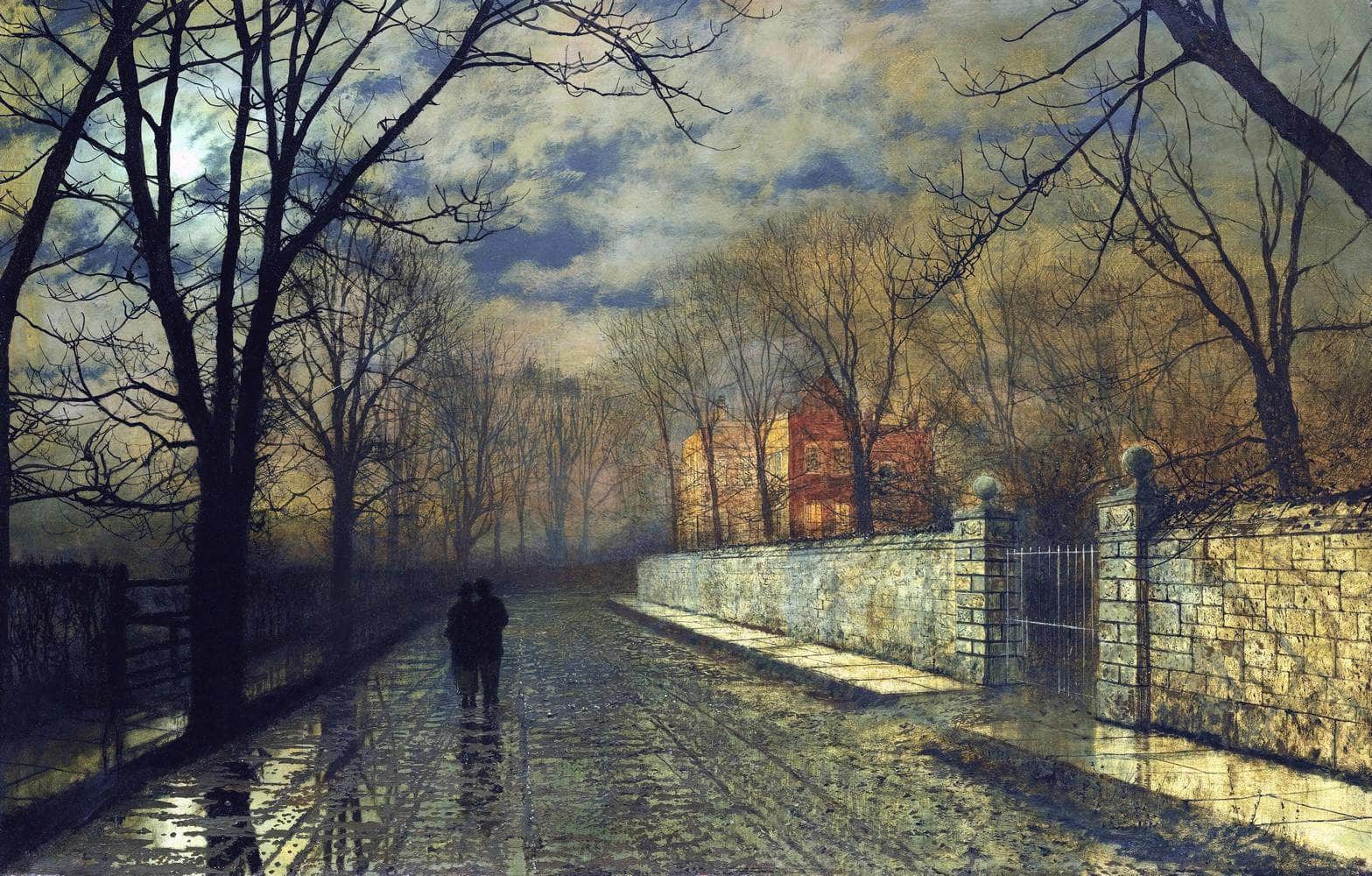 Figures In A Moonlit Lane After Rain Painting John A. Grimshaw Canvas Art Fine Art Print
