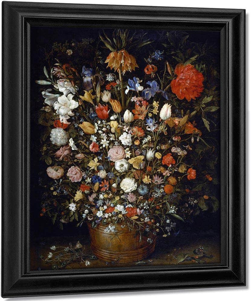 Flowers In A Wooden Vessel By Jan Brueghel The Elder Fine Art Print