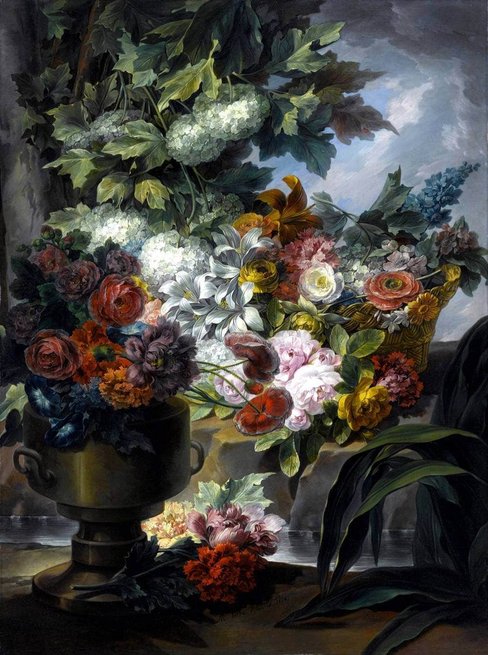 Fountain, An Urn And A Basket Of Flowers Painting Miguel Parra Abril Canvas Art Fine Art Print