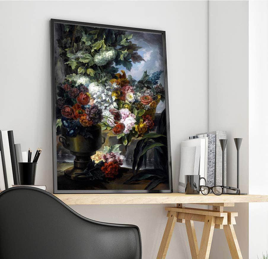 Fountain, An Urn And A Basket Of Flowers Painting Miguel Parra Abril Canvas Art Fine Art Print