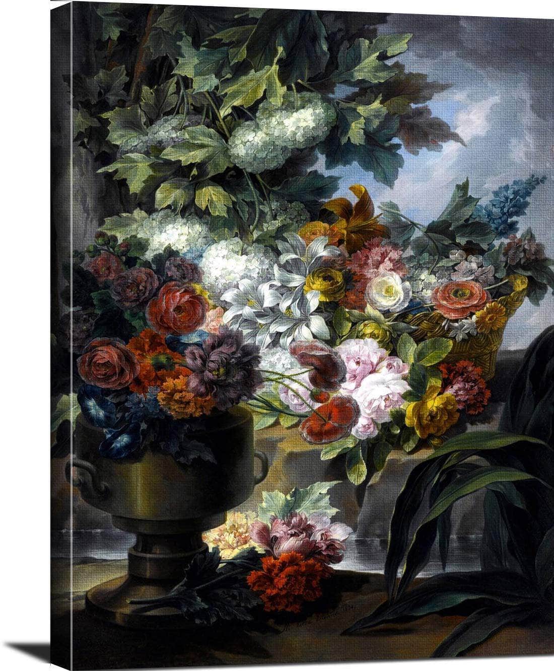 Fountain, An Urn And A Basket Of Flowers Painting Miguel Parra Abril Canvas Art Fine Art Print