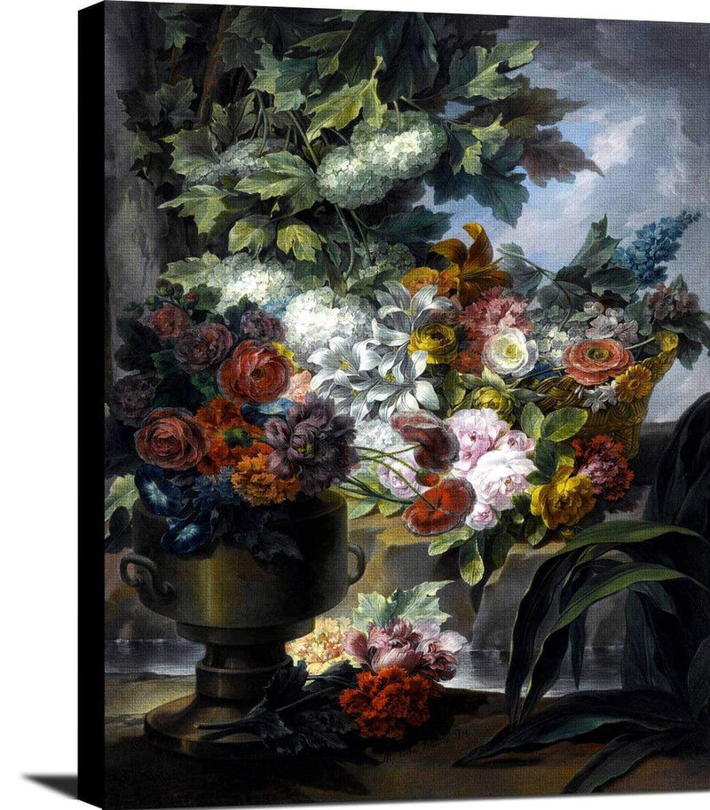 Fountain, An Urn And A Basket Of Flowers Painting Miguel Parra Abril Canvas Art Fine Art Print