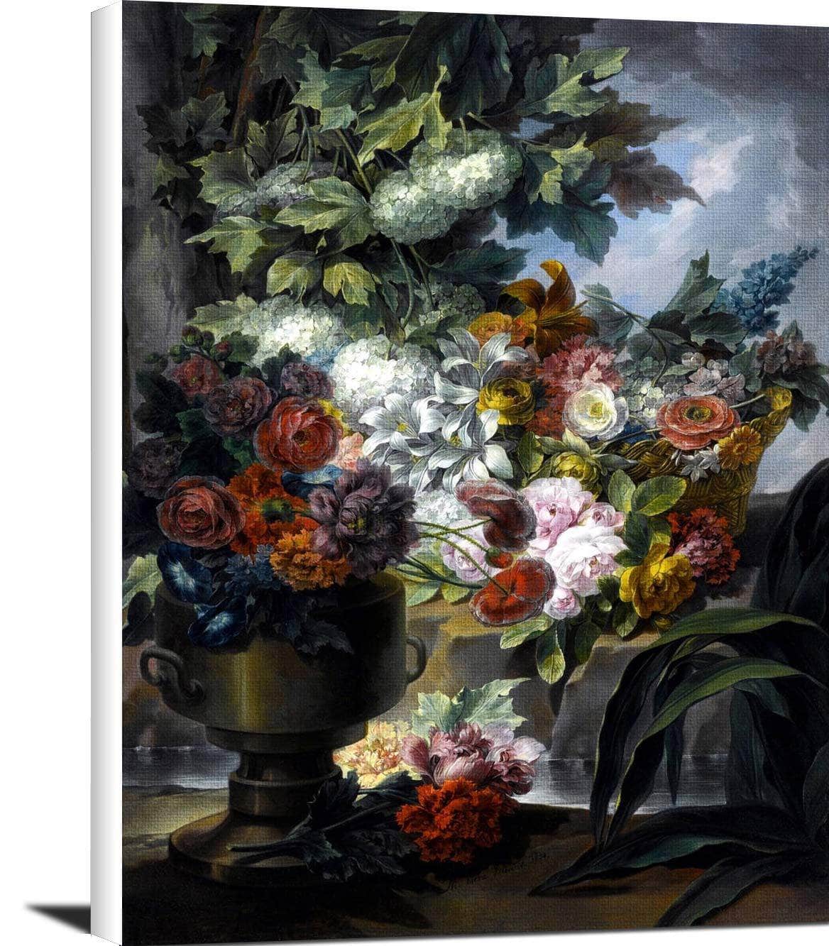 Fountain, An Urn And A Basket Of Flowers Painting Miguel Parra Abril Canvas Art Fine Art Print
