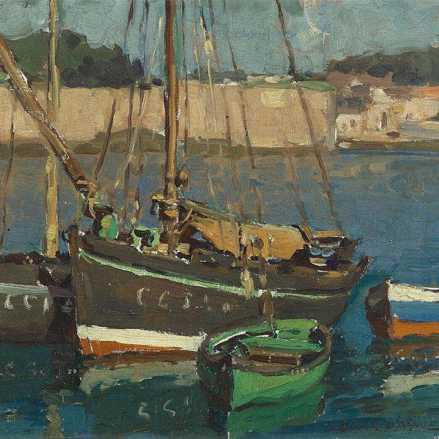 Four Boats Along A Harbor By Edgar Payne Fine Art Print