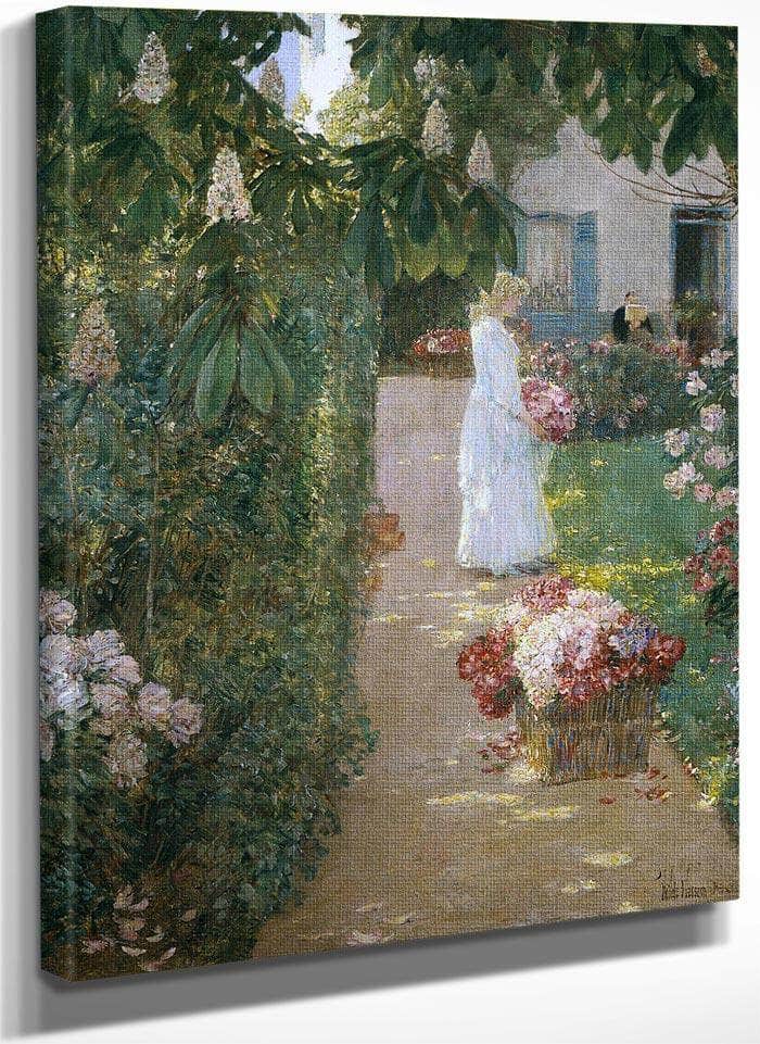 Gathering Flowers In A French Garden By Childe Hassam Fine Art Print